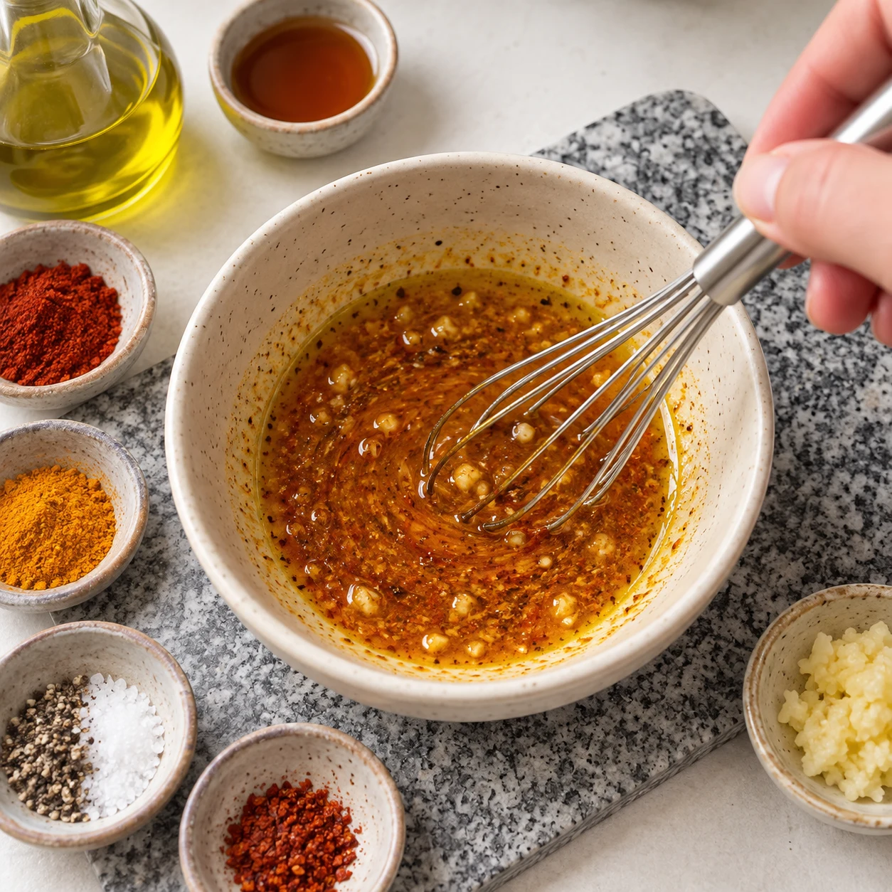 Petit fouet mélangeant une marinade huileuse orangée aux épices et fragments d’ail.