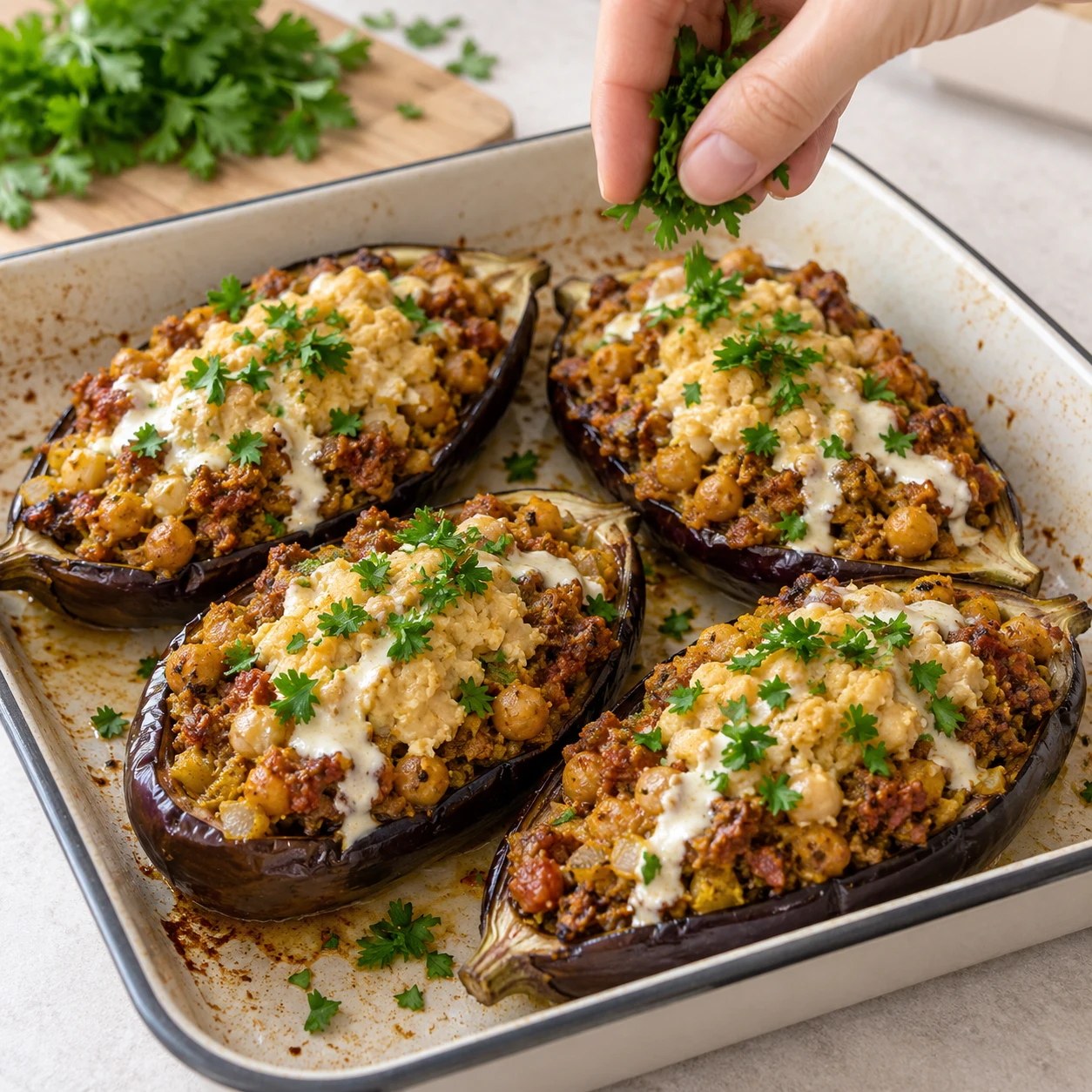 Parsemez d’un peu de persil frais et servez les aubergines chaudes.