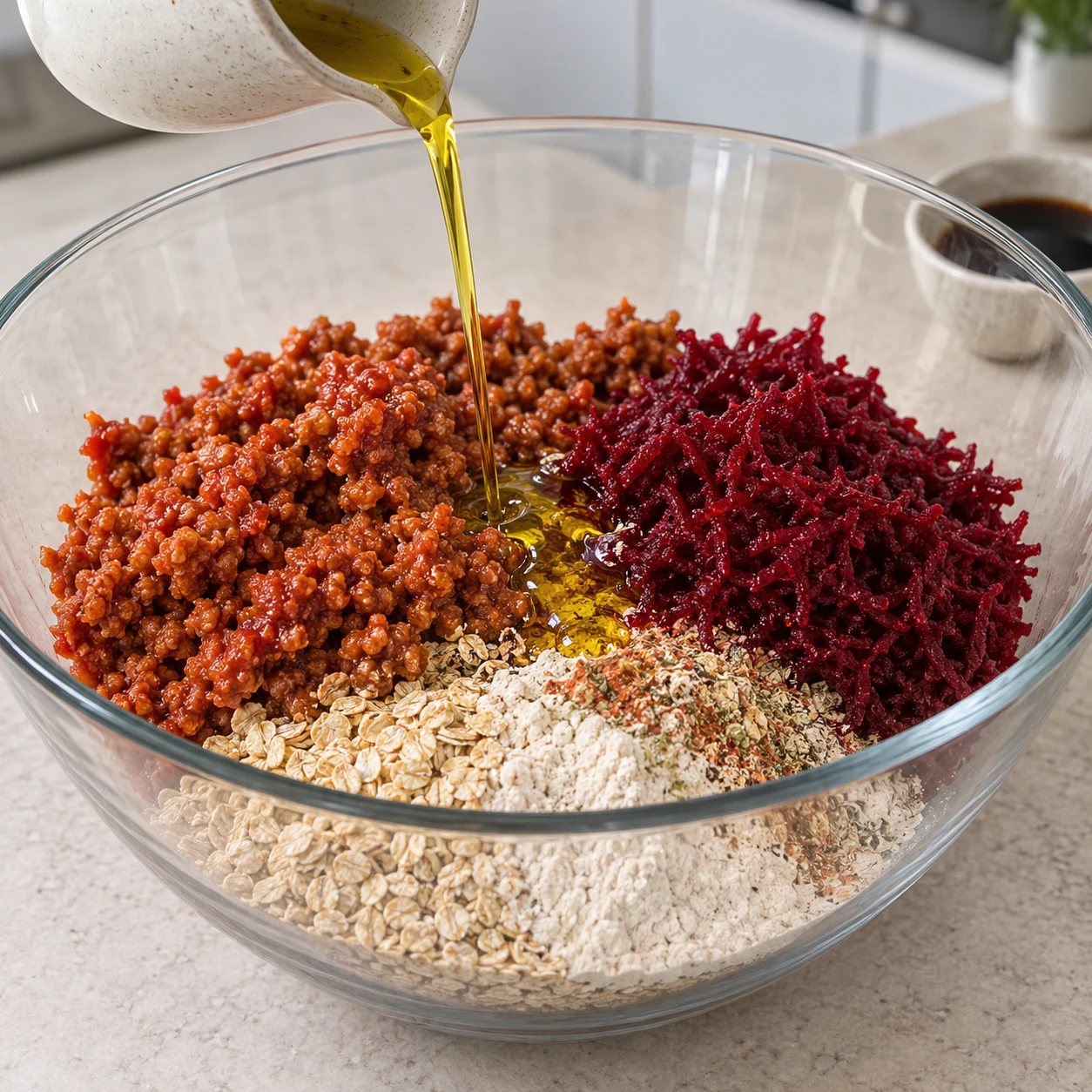 Saladier en verre avec le mélange sec, le haché végétal de soja rouge brun, la betterave rouge râpée, un filet d’huile d’olive doré coule au centre.