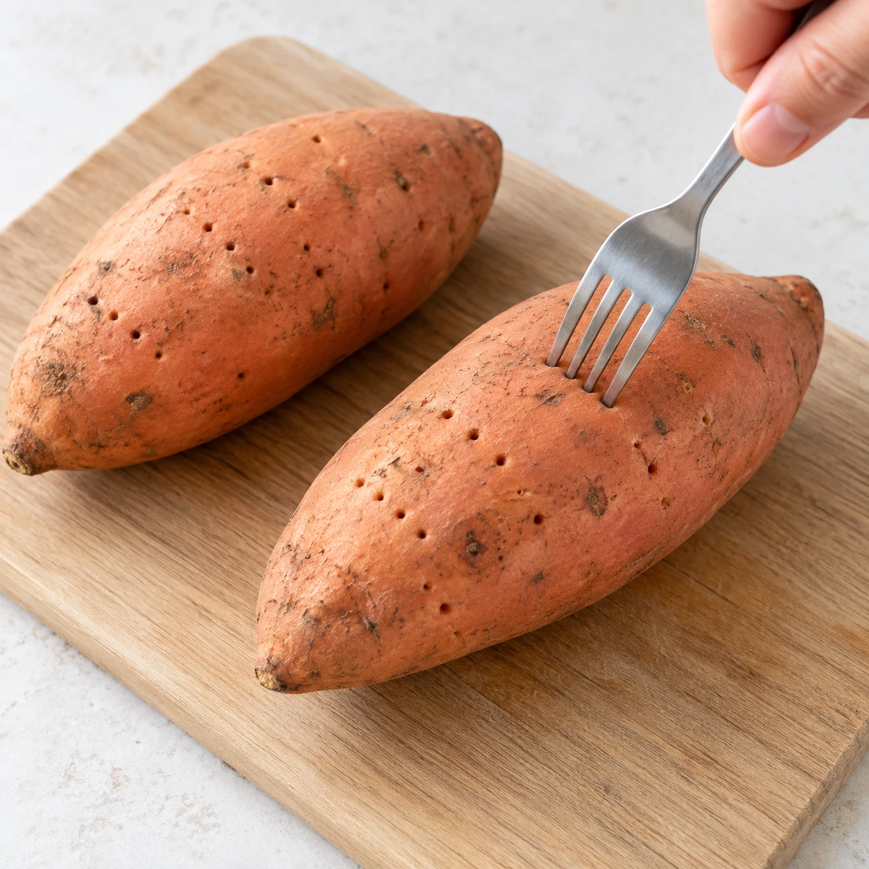 Piquer les patates douces : La peau porte plusieurs petits trous de fourchette. Une seule scène correspondant à cette action, lumière naturelle claire sur pierre pâle, aucun texte ni personne identifiable.