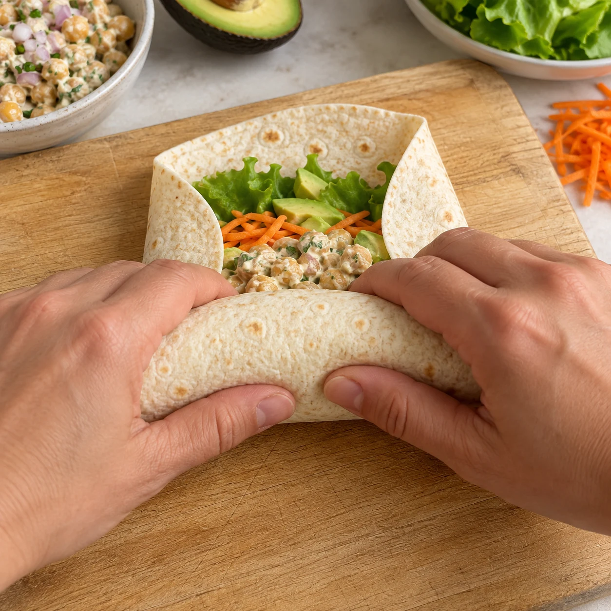 Deux mains adultes anonymes roulent la tortilla farcie sur une planche, seuls quelques légumes visibles à l’ouverture.