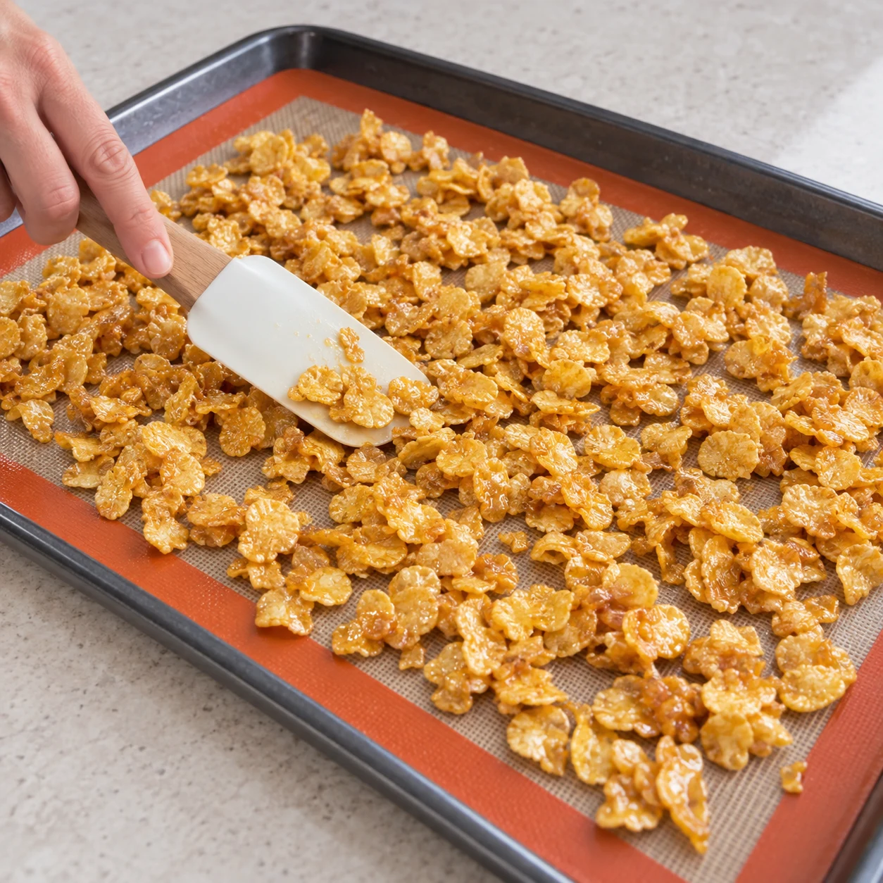Pétales de maïs caramélisés étalés sur une plaque avec un tapis de cuisson.
