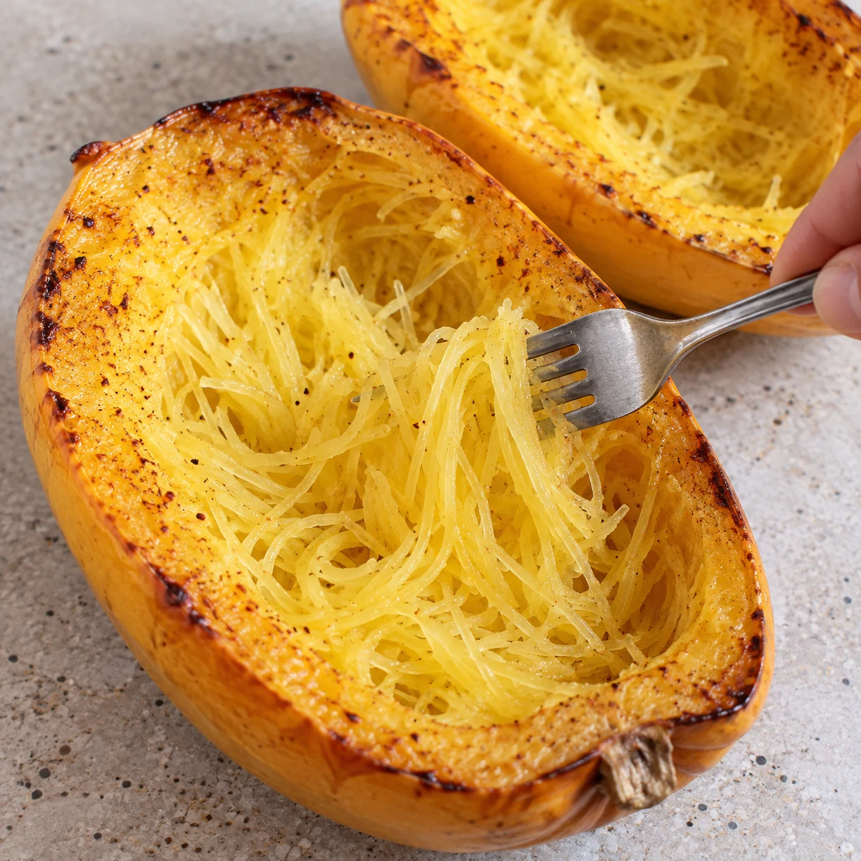 Fourchette détachant longs filaments jaunes de courge rôtie dans sa coque.