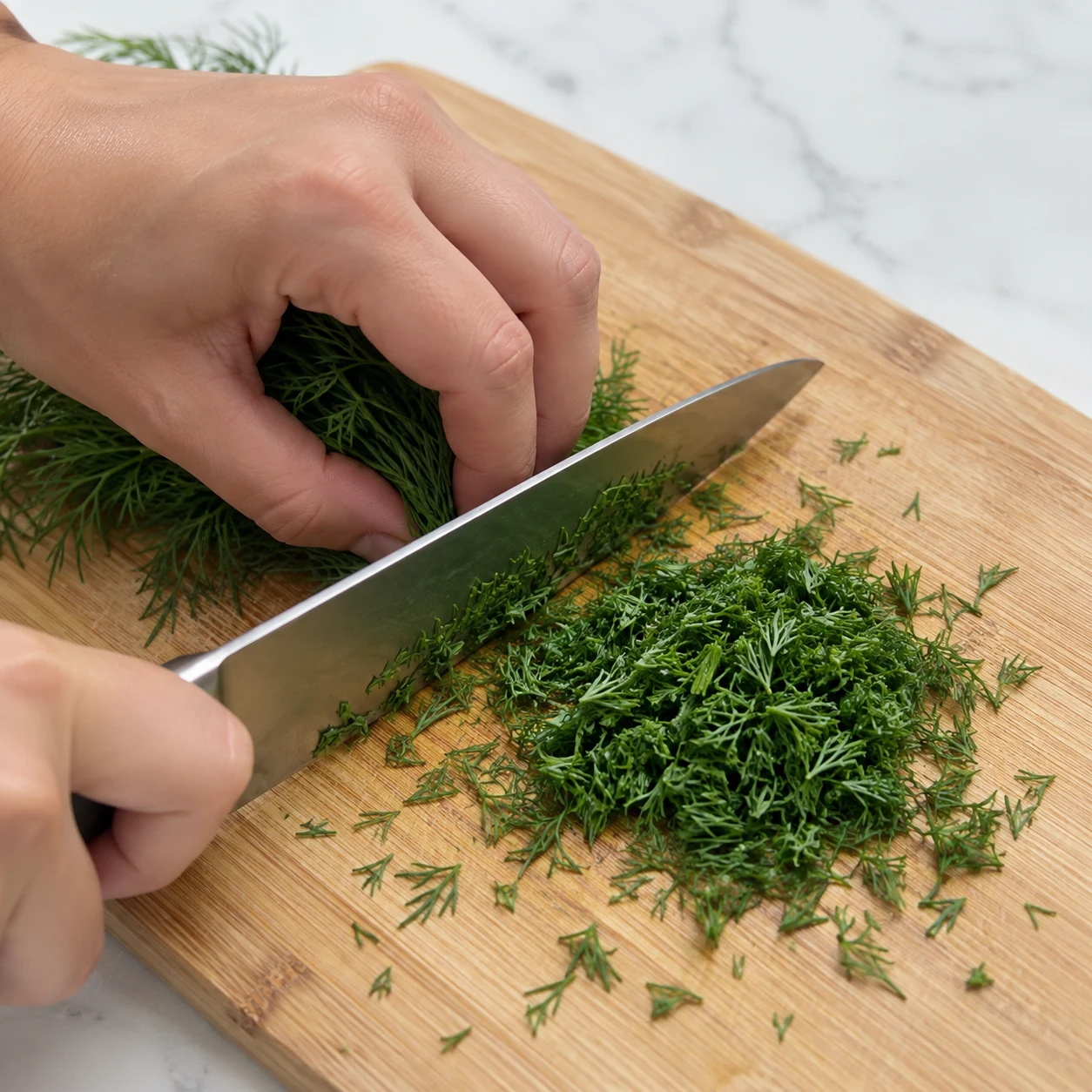 Ciseler l’aneth. Cisèle l’aneth frais pour obtenir la cuillère à soupe demandée. Une seule action ; uniquement les ingrédients déjà présents à cette étape. Photographie carrée de livre de cuisine, sans personne identifiable ni texte.