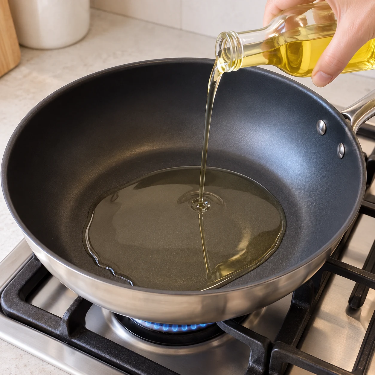 Chauffe 2 càs d’huile de colza dans une sauteuse à feu moyen. Résultat : L’huile forme un film fluide sans fumer.