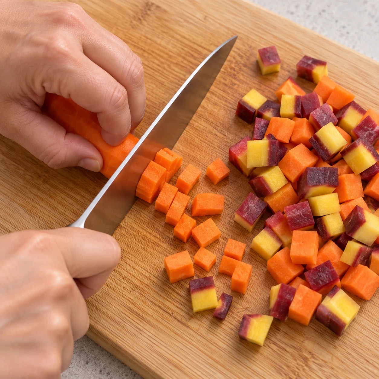 Découpe des carottes en dés ; conserver les couleurs orange, jaune et violette observées dans la vidéo, sans autre légume.