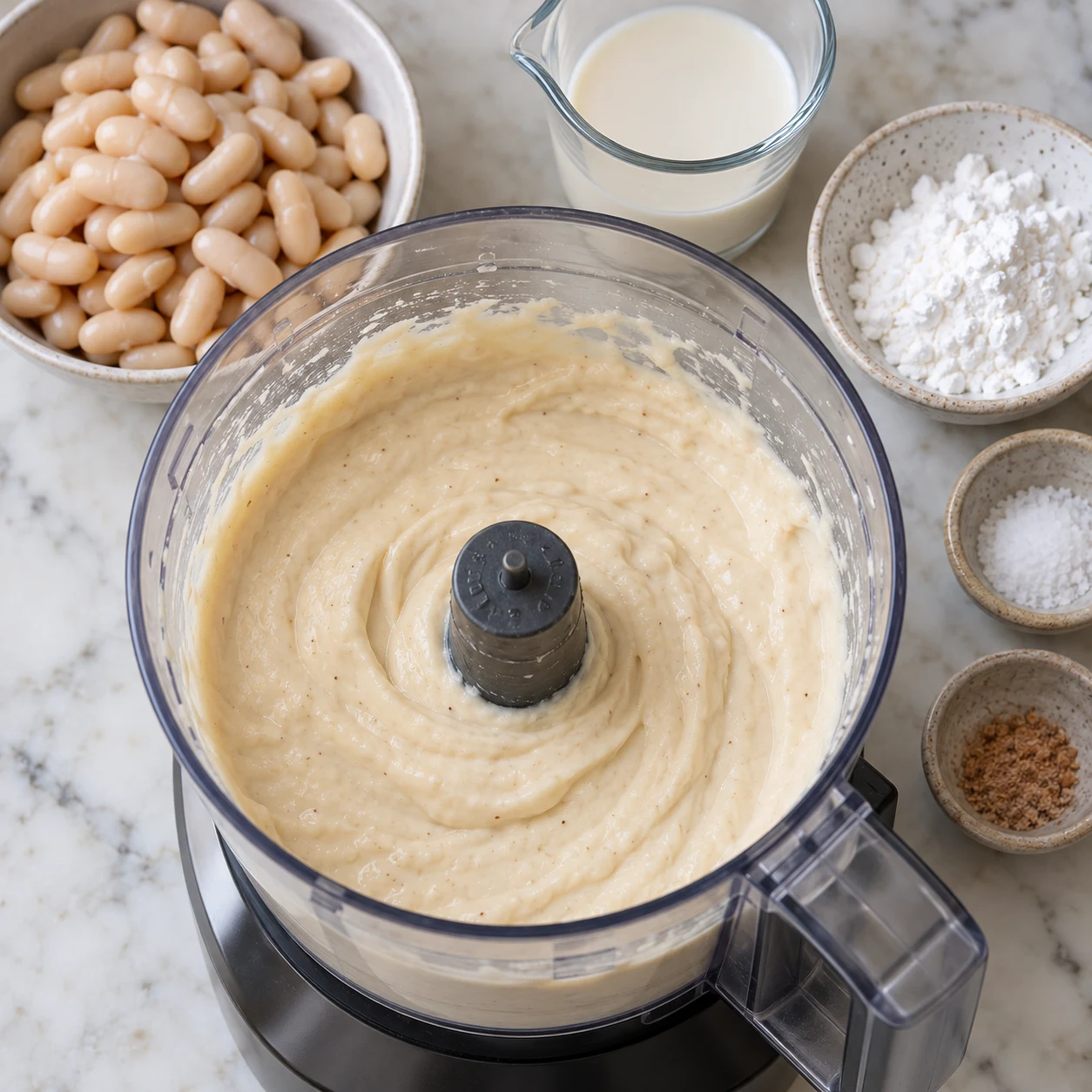 Appareil végétal crème, dense et lisse, dans bol de mixeur ; haricots blancs mixés et crème de soja, sans œuf ni laitage.