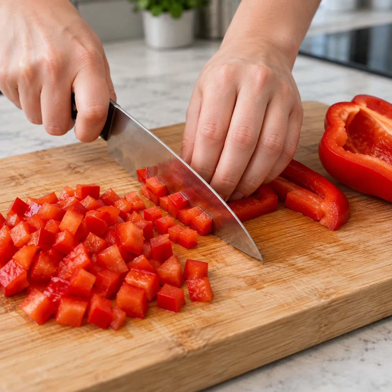 Photographie de cuisine carrée montrant uniquement l’action « Couper le poivron » et son état : Les dés de poivron sont de taille régulière. Uniquement les ingrédients de cette étape, sans texte ni emballage.