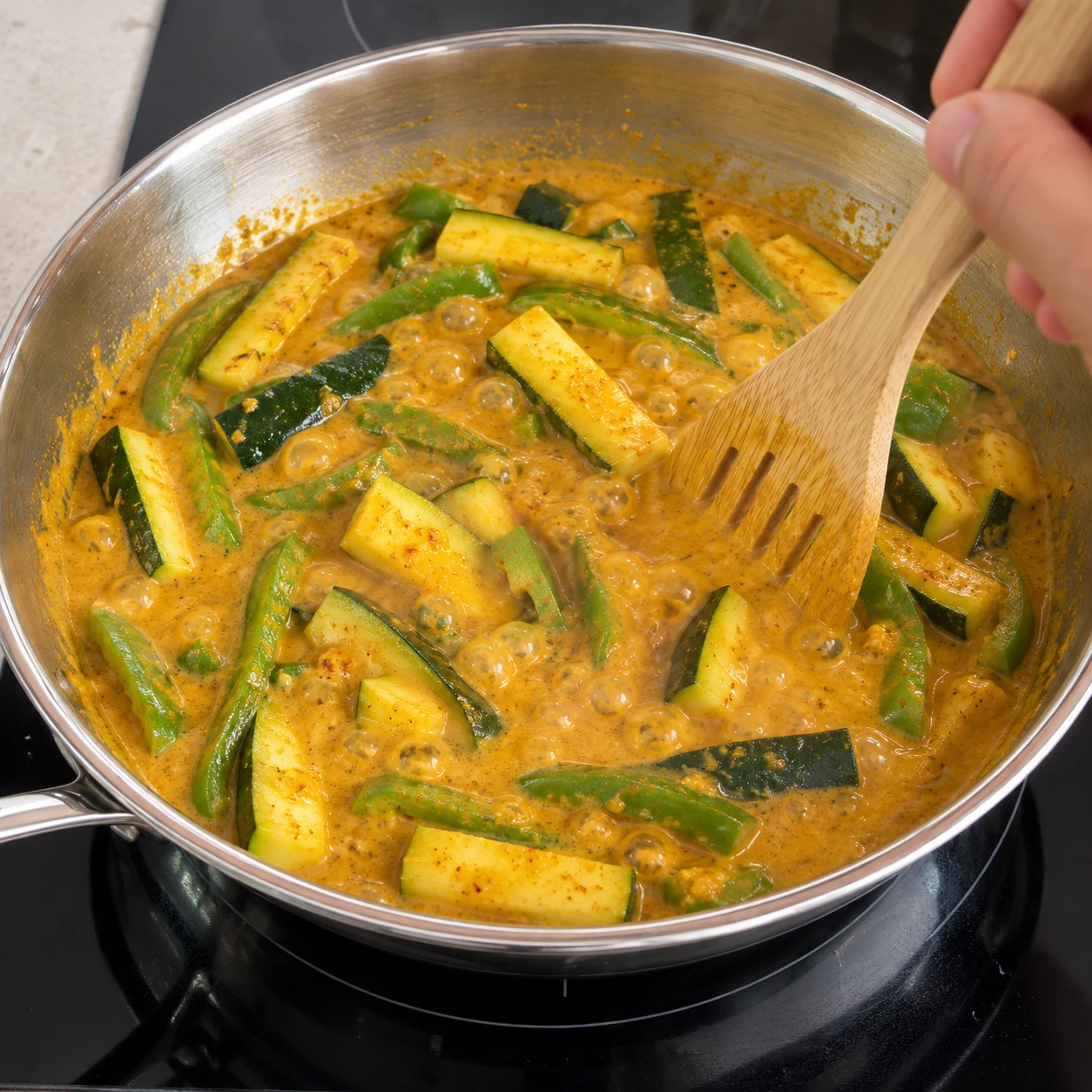 Spatule remuant une sauce homogène jaune orangé autour des légumes.