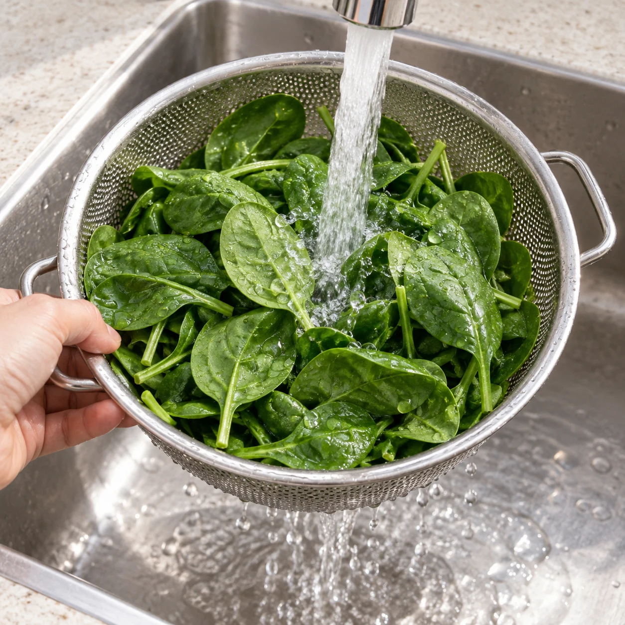 Pousses d’épinards fraîches rincées dans une passoire sous un filet d’eau, sans emballage.