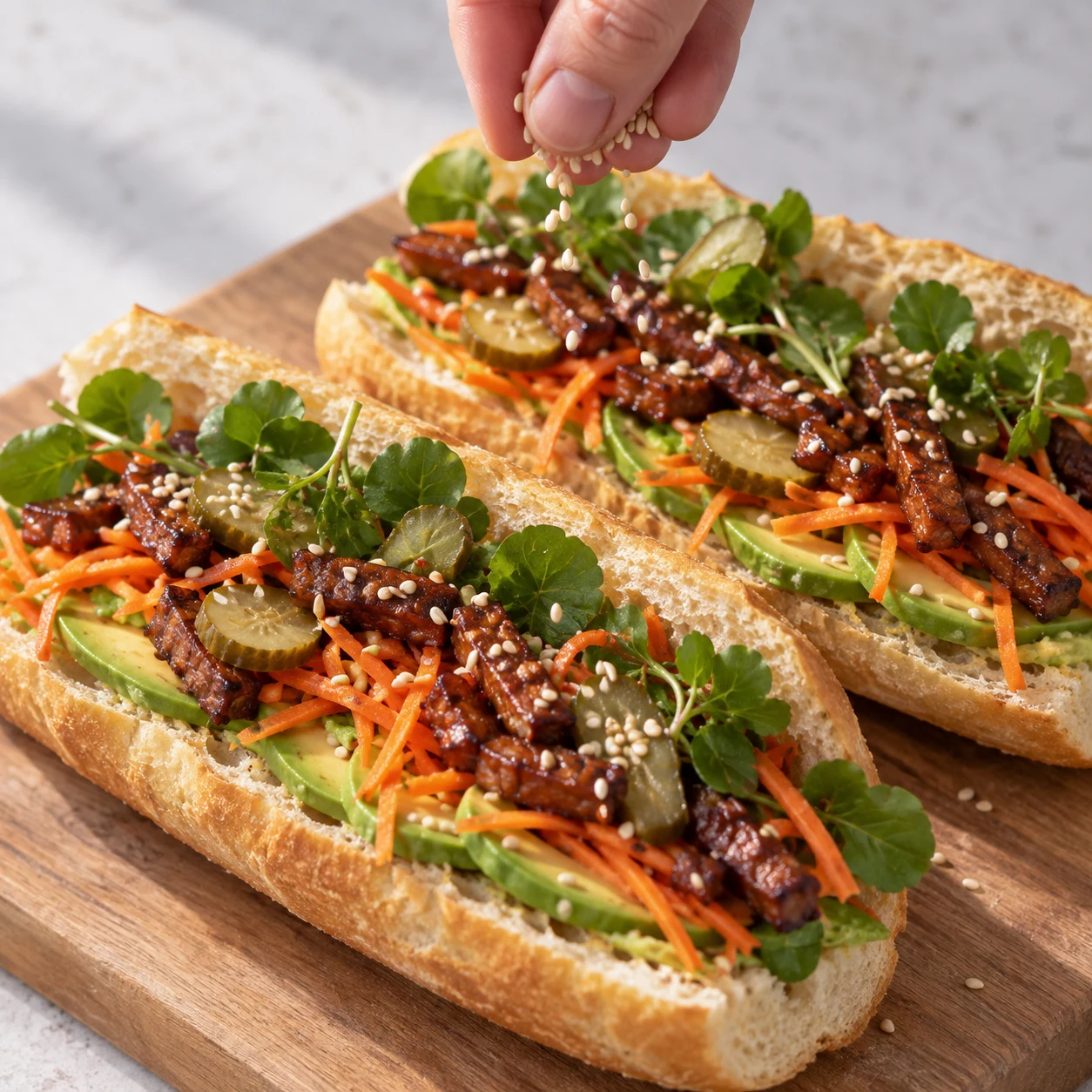 Une seule photographie carrée montrant : parsemer de sésame. Des graines de sésame sont visibles à la surface des deux sandwiches. Seulement les ingrédients de cette étape, aucun ingrédient futur.
