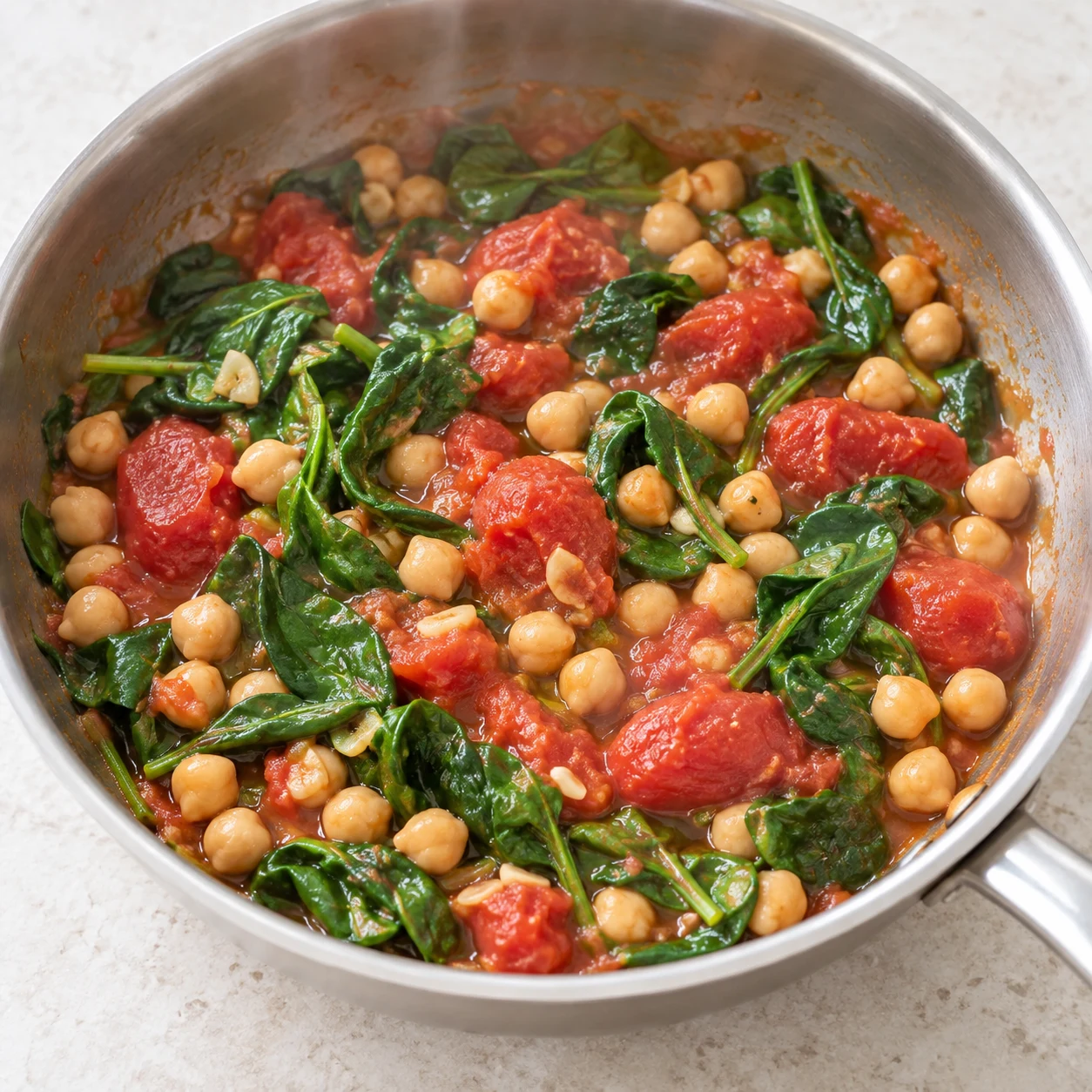Ajouter les pois chiches : Les pois chiches sont répartis parmi les tomates et les épinards. Une seule scène correspondant à cette action, lumière naturelle claire sur pierre pâle, aucun texte ni personne identifiable.