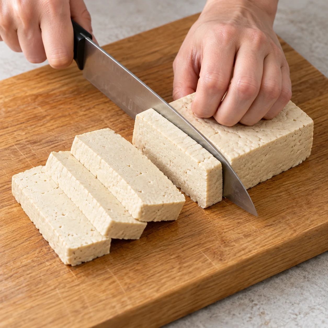Découpe de tofu nature en tranches de 1 cm, doigts repliés et couteau sûr.