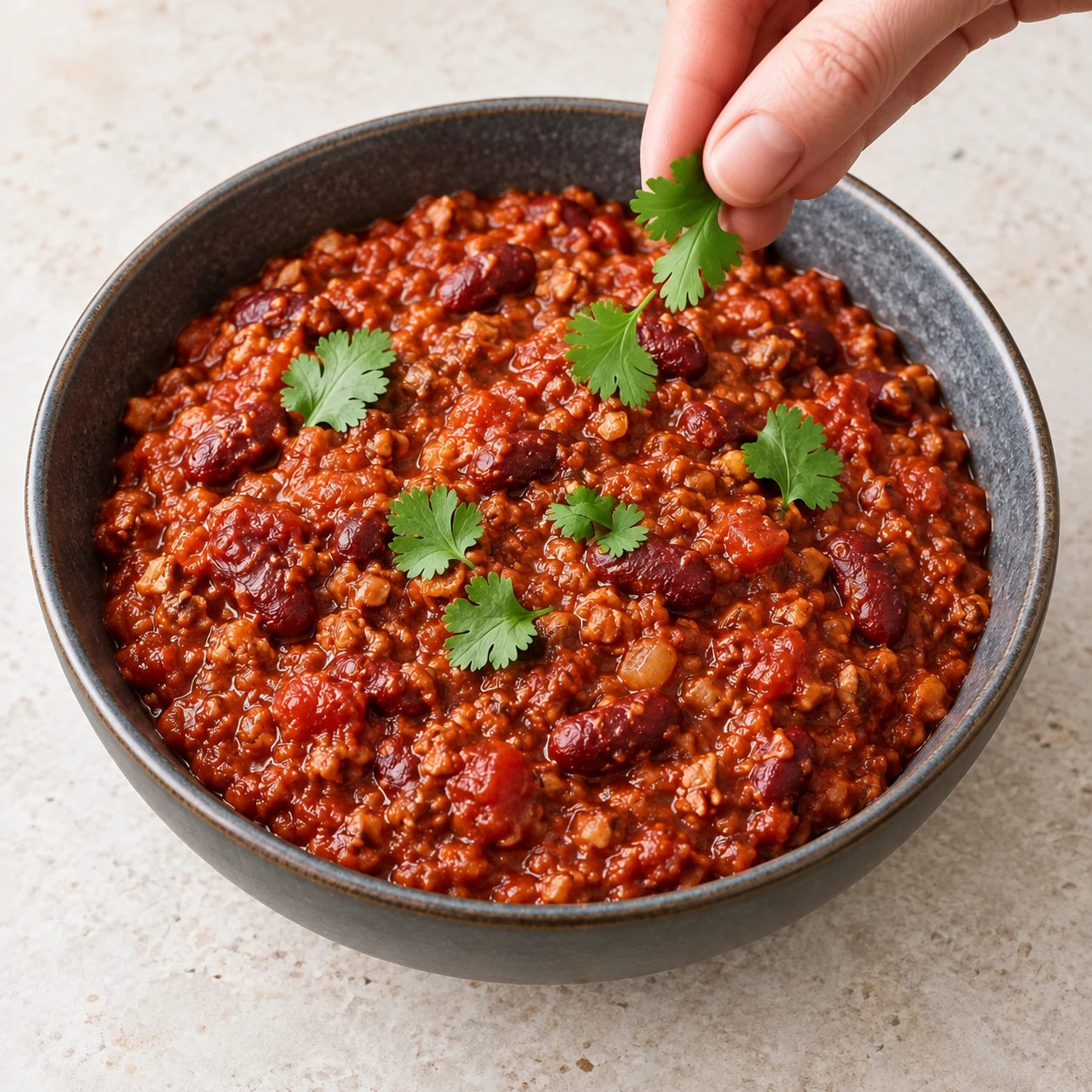 Bol de chili rouge aux haricots rouges et haché de noix et champignons, quelques feuilles de coriandre sur le dessus.