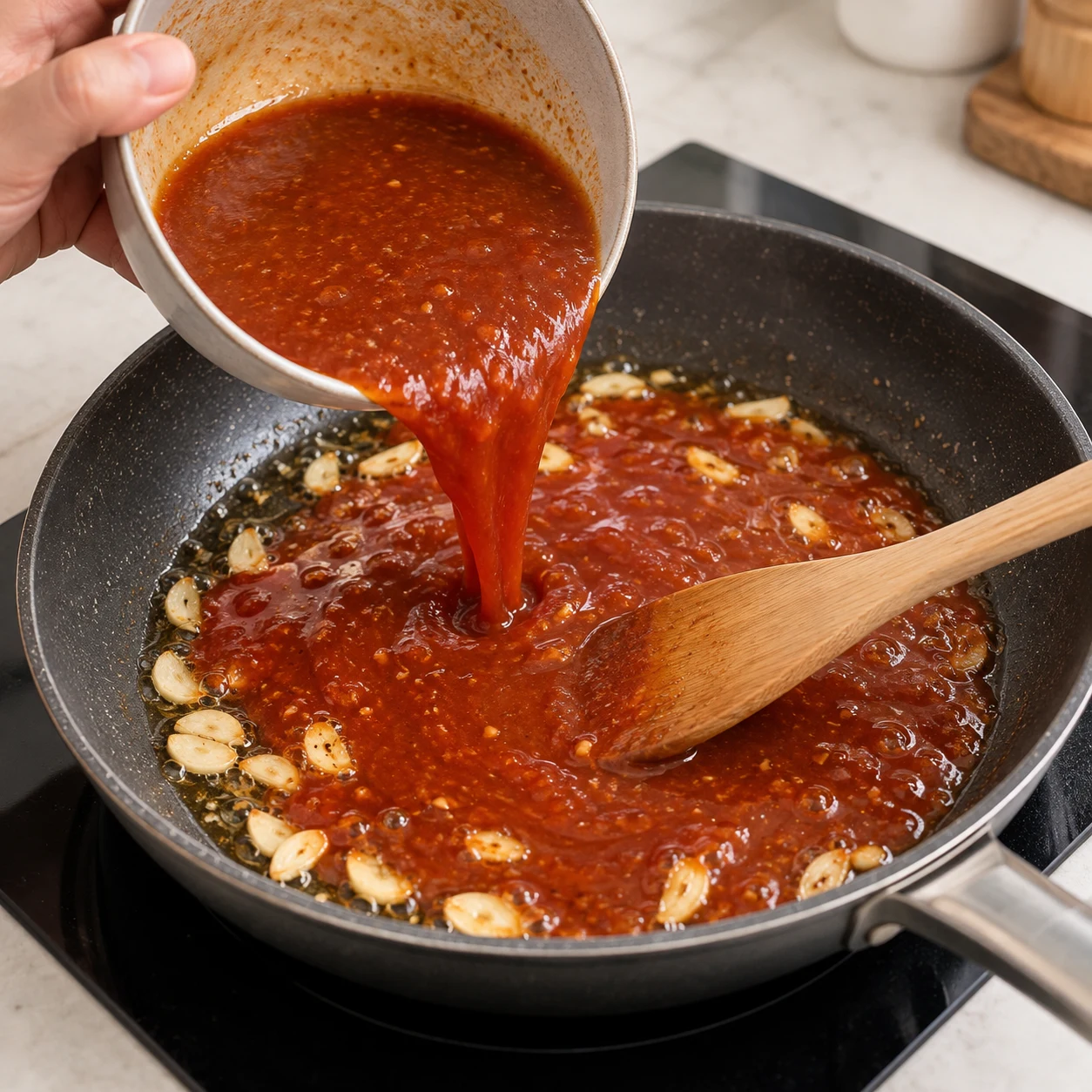 Verser la sauce : Ajoute le mélange de sauce dans la poêle contenant l’ail et mélange.