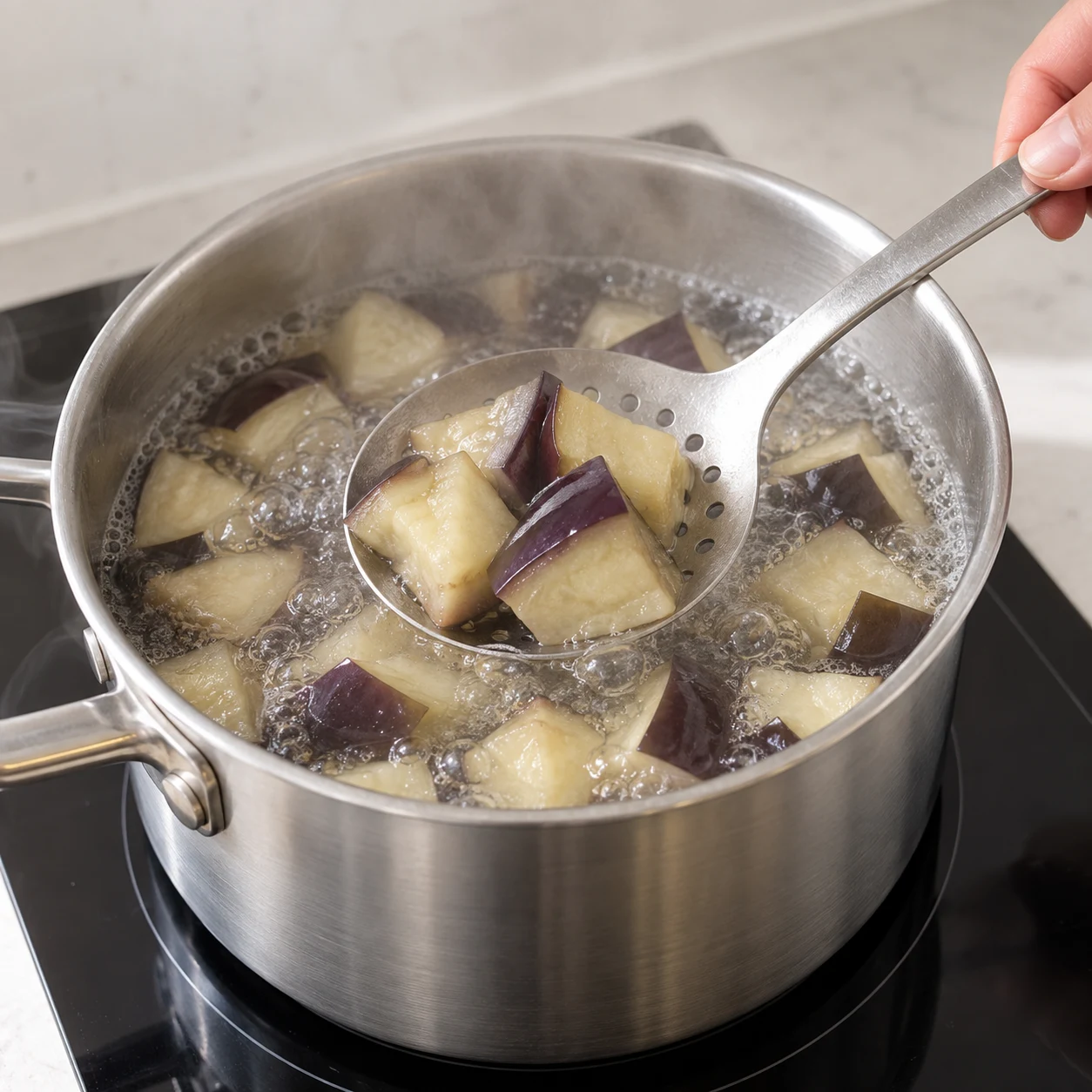 Morceaux d’aubergine bouillant dans une casserole d’eau.