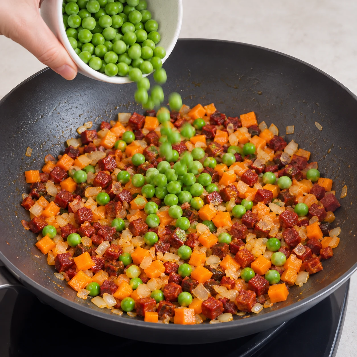 Une seule photo carrée montrant ajouter les petits pois. Les petits pois sont uniformément répartis parmi les légumes. Seulement les ingrédients déjà présents : Mini chorizo végétal, Mini chorizo végétal, Huile de tournesol, Oignon jaune, Ail, Carotte, Petits pois. Les dés sont rouge-brun de chorizo entièrement végétal, sans viande ni morceaux de gras blanc.