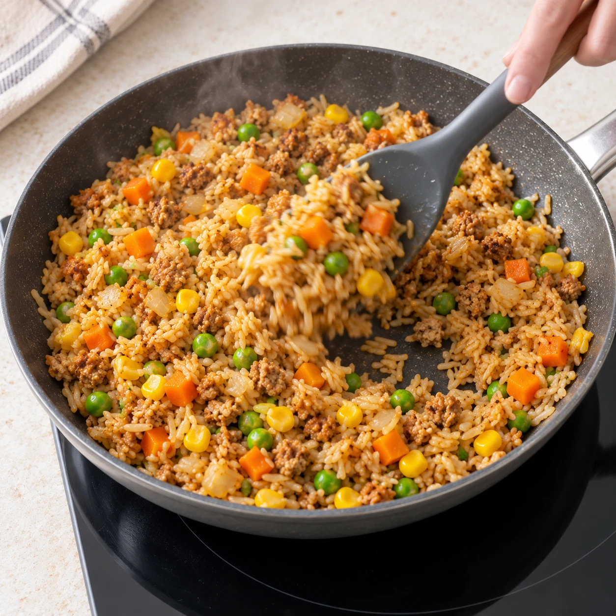 Spatule remuant le riz sauté fini, grains détachés brun clair, émietté végétal brun clair, maïs, pois et carotte.
