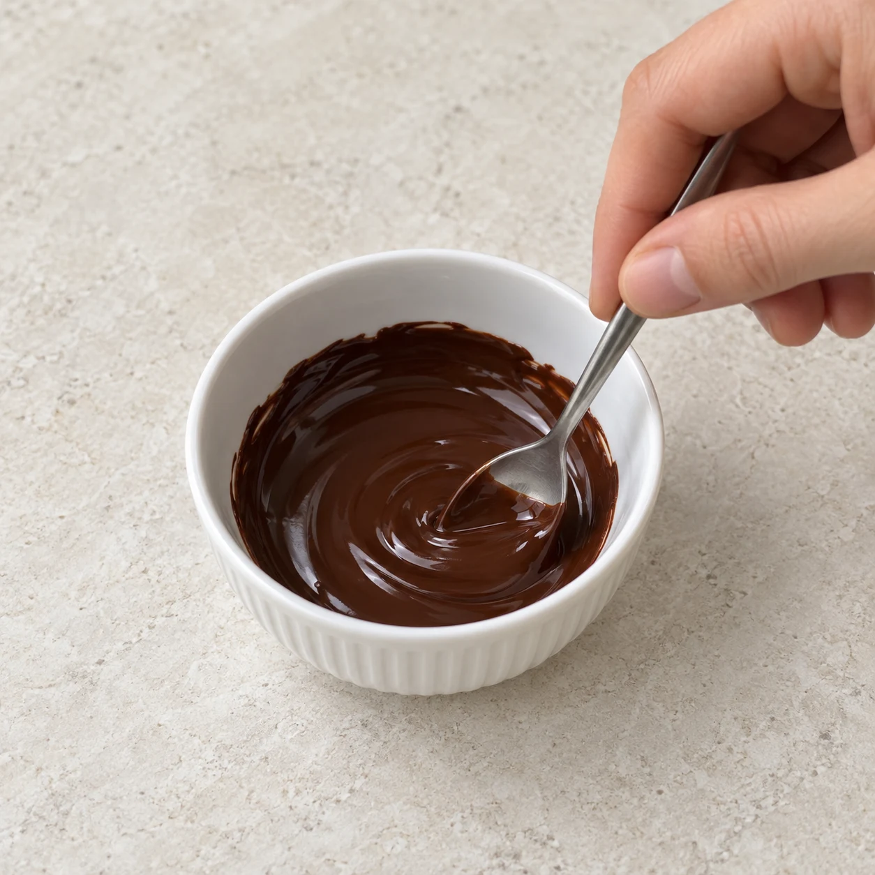 Petit bol de chocolat noir fondu, lisse et brillant ; une cuillère le remue.