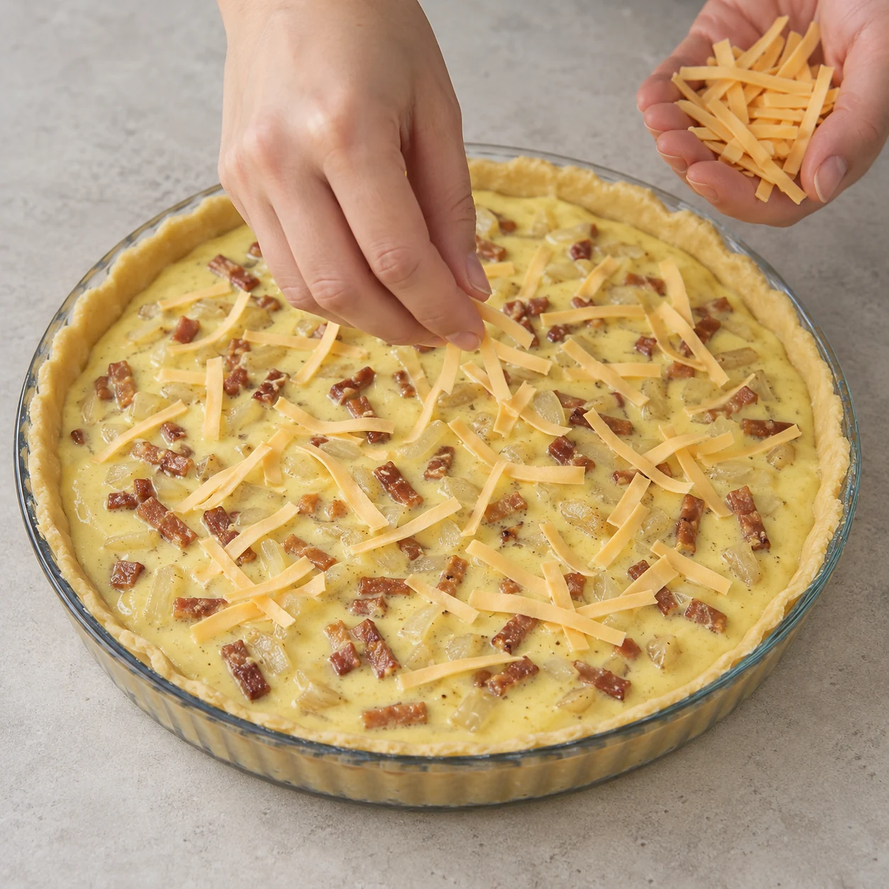 Mains anonymes parsemant de fins rubans de tranches végétales orange pâle sur une quiche crue jaune pâle avec petits lardons végétaux et oignons.