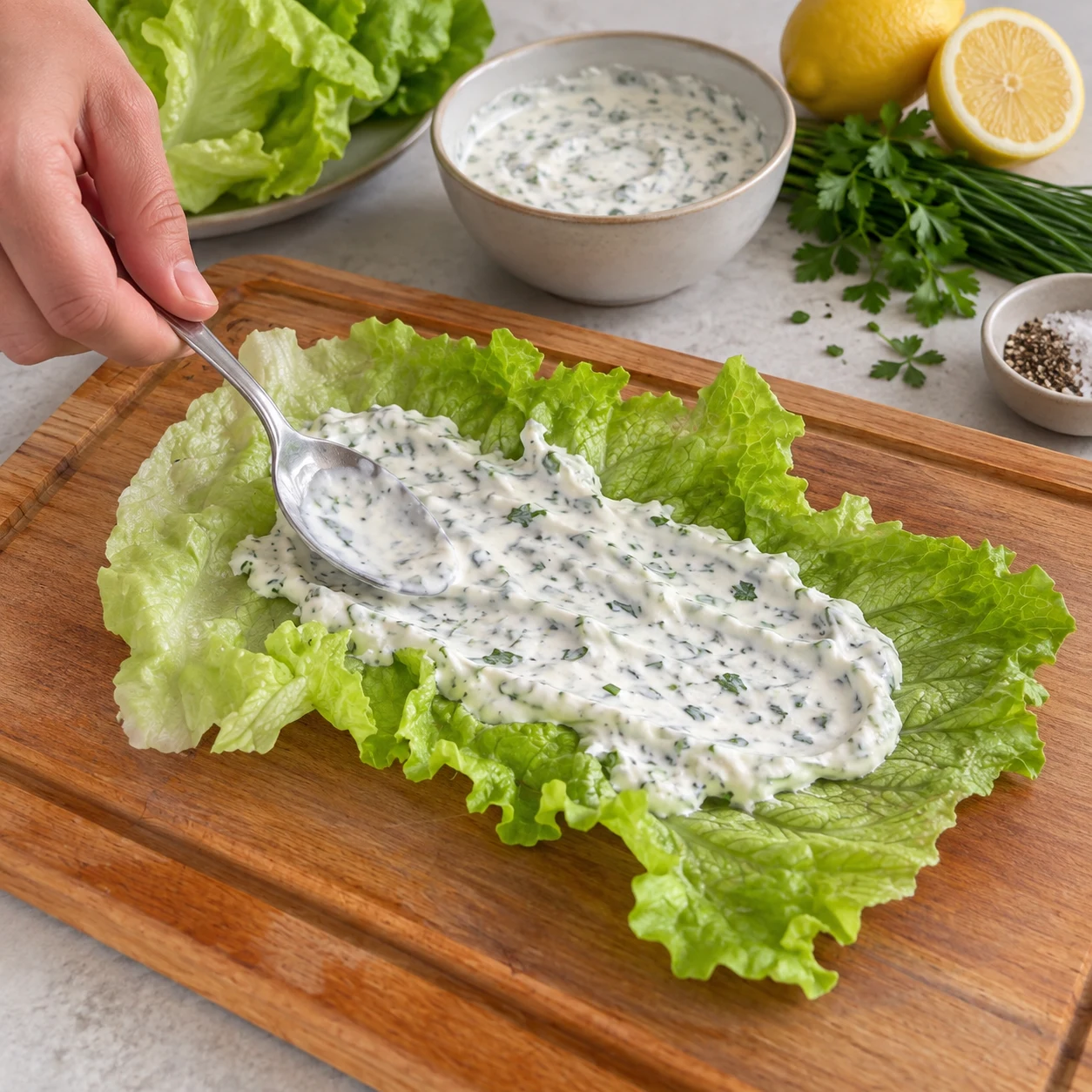 Cuillère étalant la sauce blanche aux herbes sur la laitue.