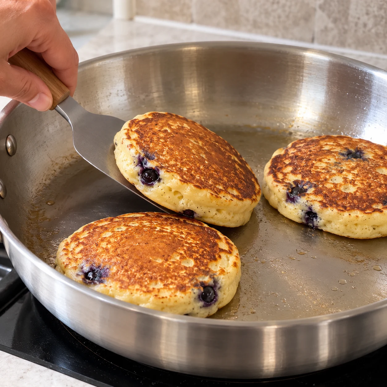 Spatule retournant un pancake épais aux myrtilles ; face cuite bien dorée visible dans la poêle.