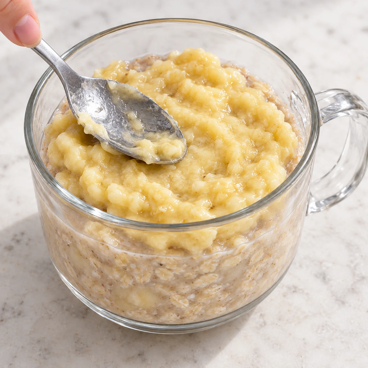 Déposez la banane écrasée sur la base gonflée, comme dans la recette d’origine. Montrer seulement cette phase de la variante à l’avoine, sans graines ni poudre, un récipient transparent à poignée sur pierre pâle, sans texte ni personne identifiable.