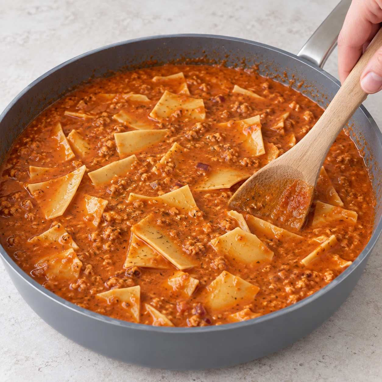 Casse les 200 g de plaques de lasagnes sans œuf et sans précuisson en morceaux irréguliers directement dans la sauce ; enfonce-les pour les recouvrir. Montrer seulement les ingrédients de cette phase ; mains anonymes, sauteuse grise et plan de travail pierre pâle.