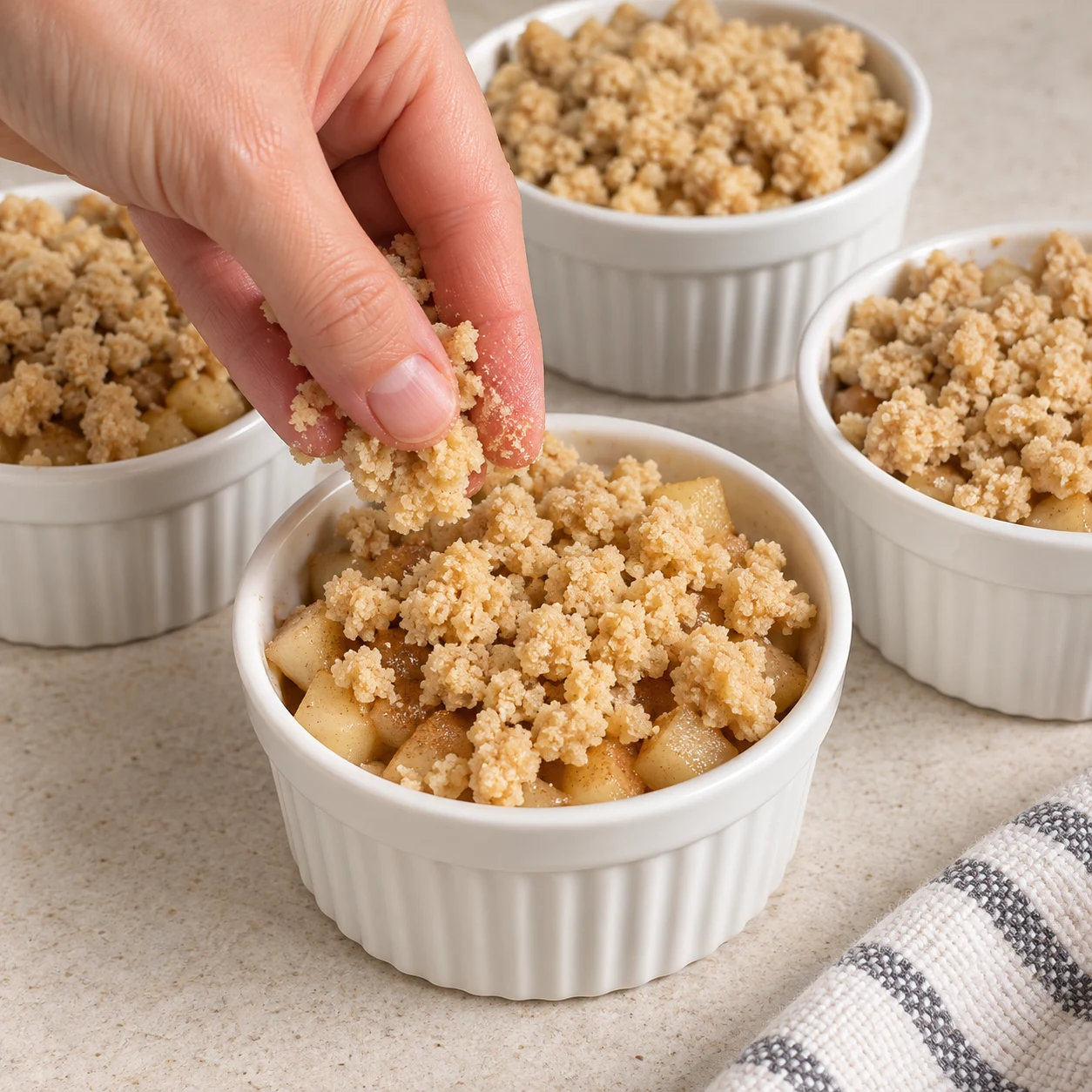 Main anonyme répartit des miettes de crumble sur un ramequin de fruits.