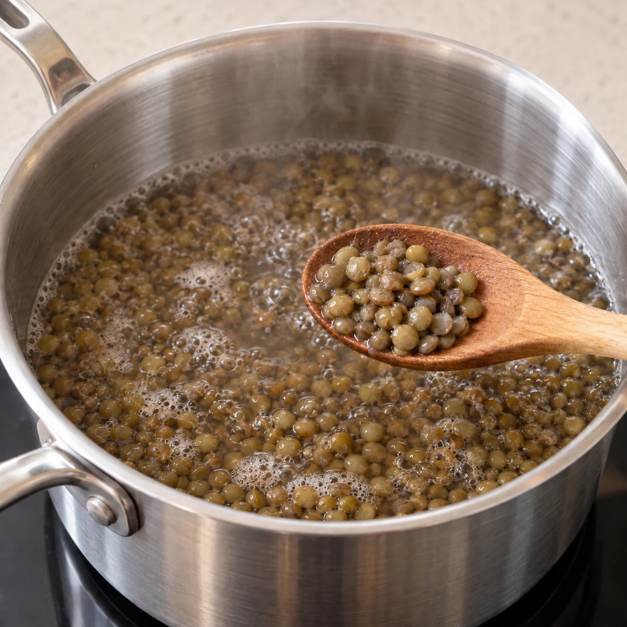 Lentilles vertes en train de cuire dans une casserole inox, eau frémissante ; bicarbonate dissous.