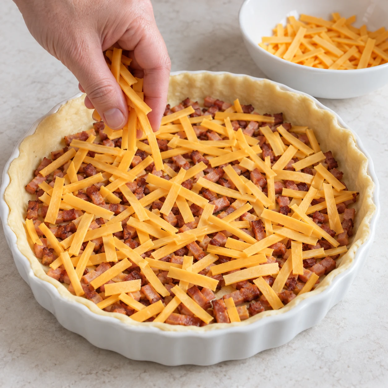 Main ajoutant de fines lanières orangées de fromage végétal sur la pâte et les lardons végétaux.