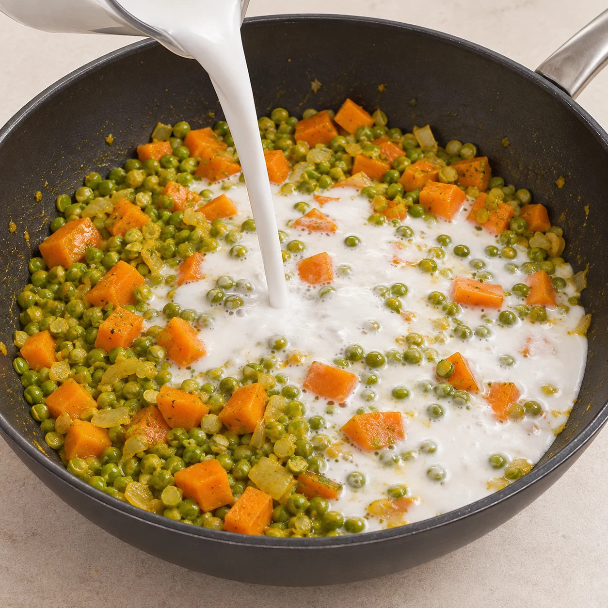 Lait de coco blanc versé dans le mélange de pois cassés verts et carottes, sans cube ni épinards.