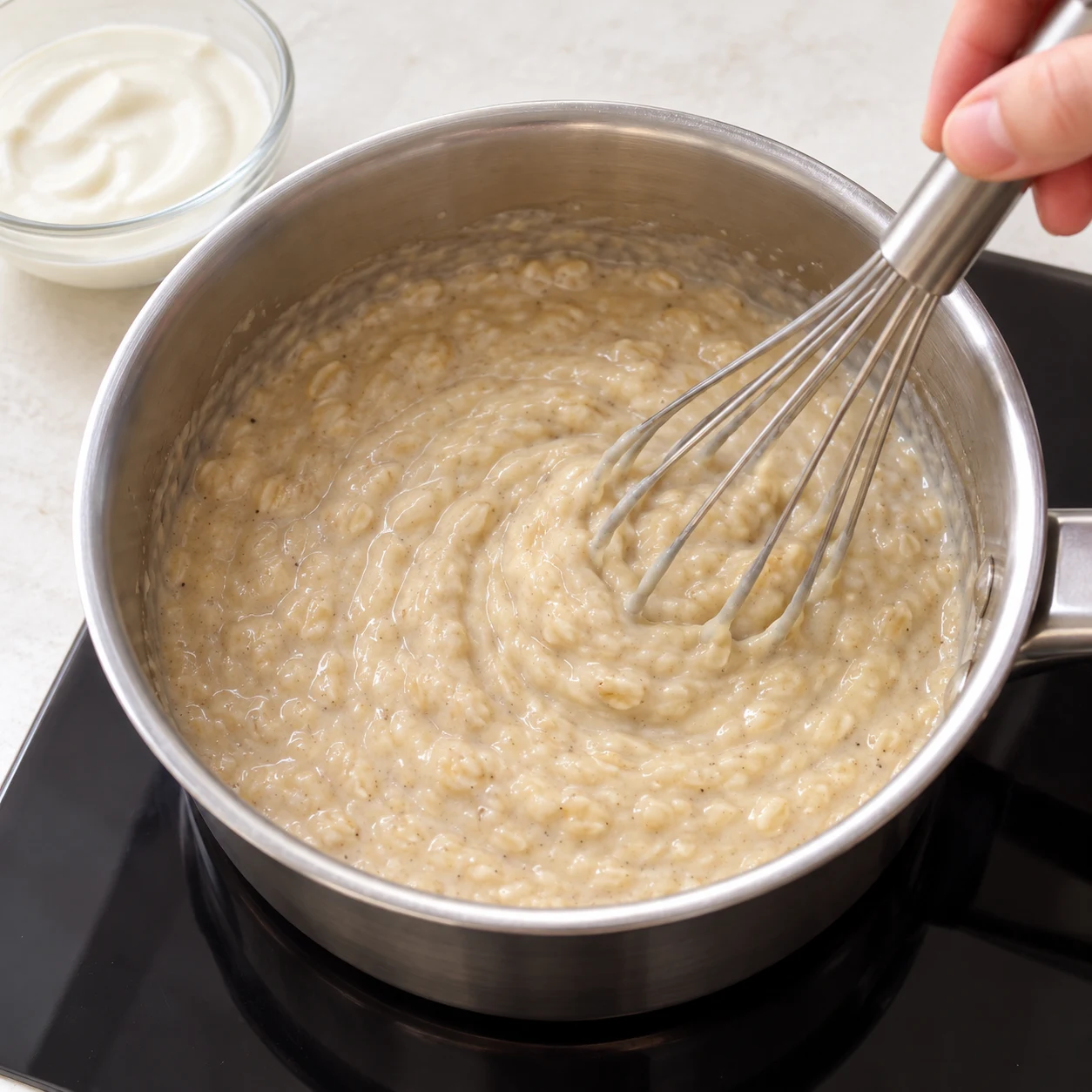Porridge beige crémeux recevant une crème de soja blanche; pas d’œufs jaunes; feu éteint.