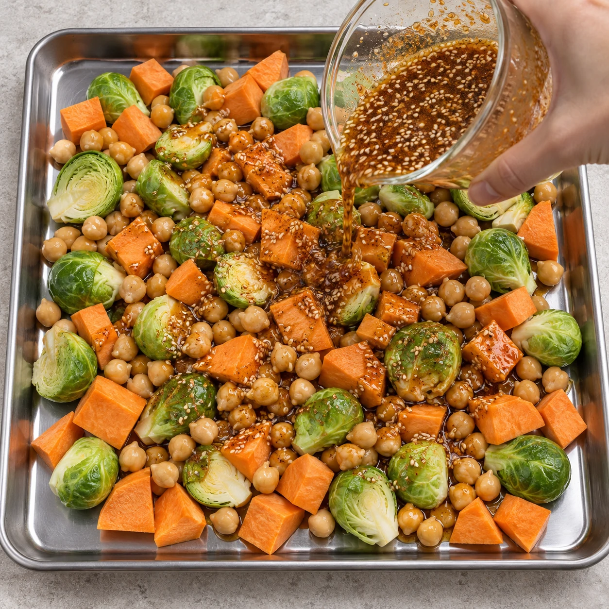Marinade au paprika et sésame versée sur choux crus, patate douce et pois chiches en conserve égouttés.