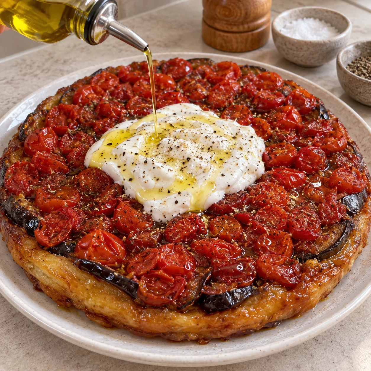 Versez un filet d’huile d’olive sur la tarte et sa garniture ; ajustez le sel et le poivre selon votre goût pour le service. Montrer une seule phase et aucune personne identifiable.