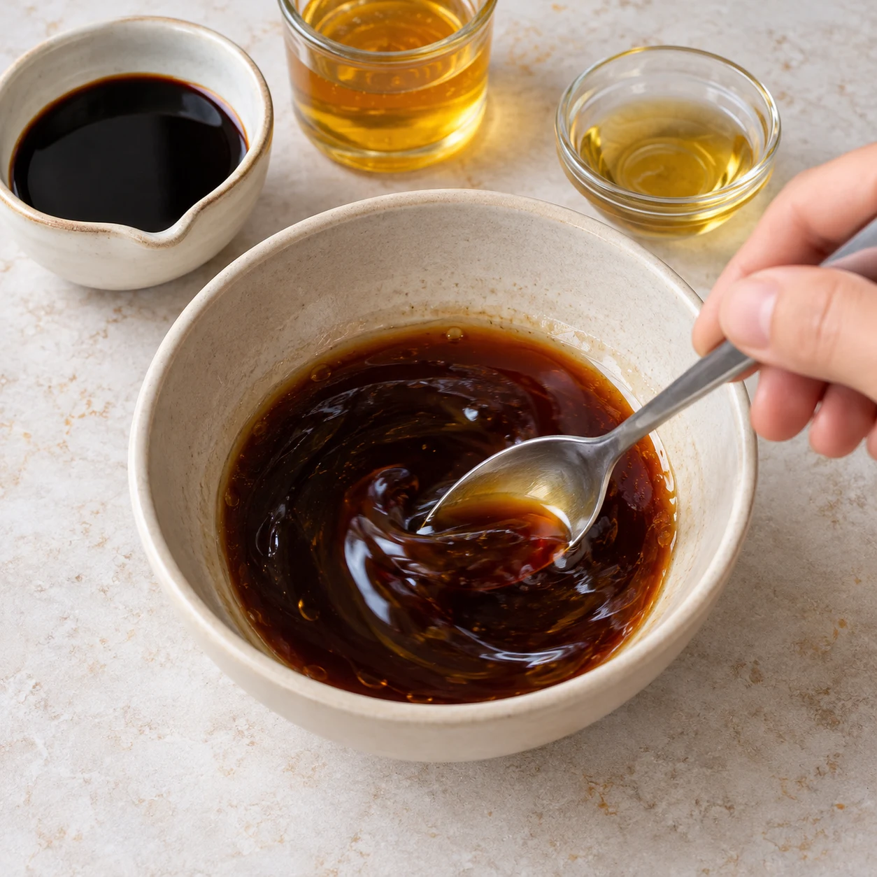 Cuillère mélangeant dans un bol une laque brune liquide de sauce soja, agave et huile de sésame ; aucune pâte beige.