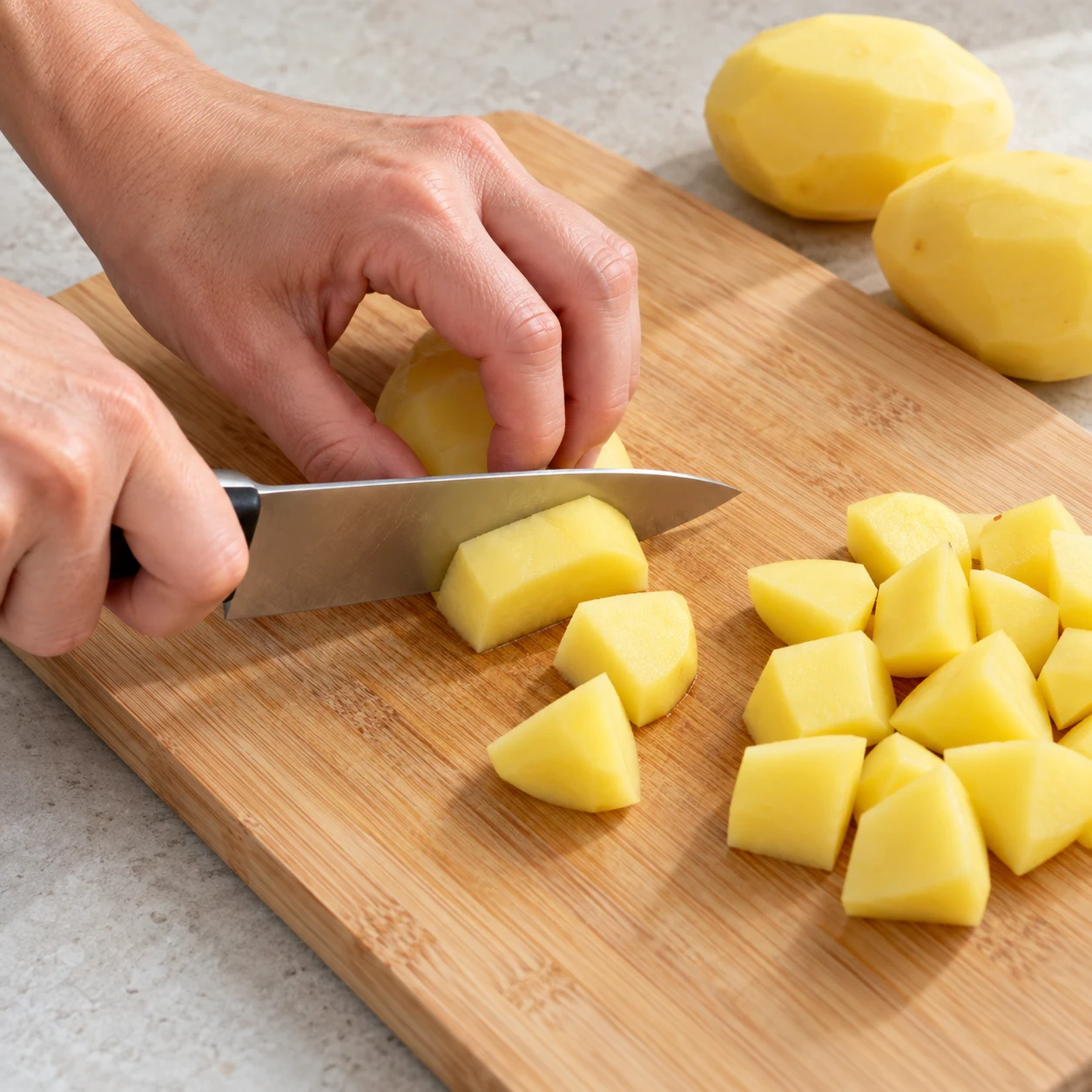 Couper les pommes de terre : Les morceaux de pomme de terre ont une taille régulière comparable à celle des cubes montrés dans la cuve.