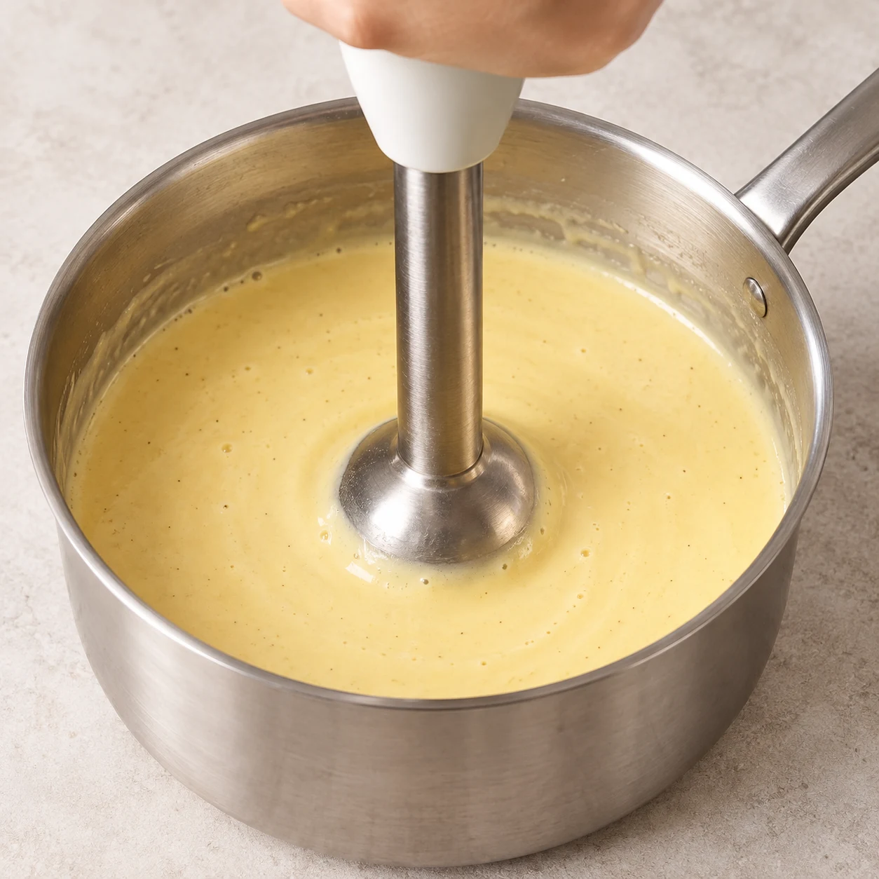 Mixeur plongeant immergé dans une sauce végétale légèrement jaune, saveur cheddar.