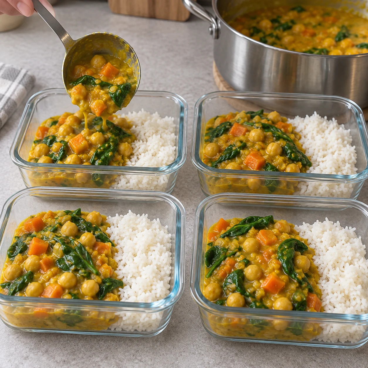 Dressage d’un curry de pois chiches lentilles coco carottes épinards à côté du riz blanc dans quatre boîtes en verre, une louche et mains anonymes.