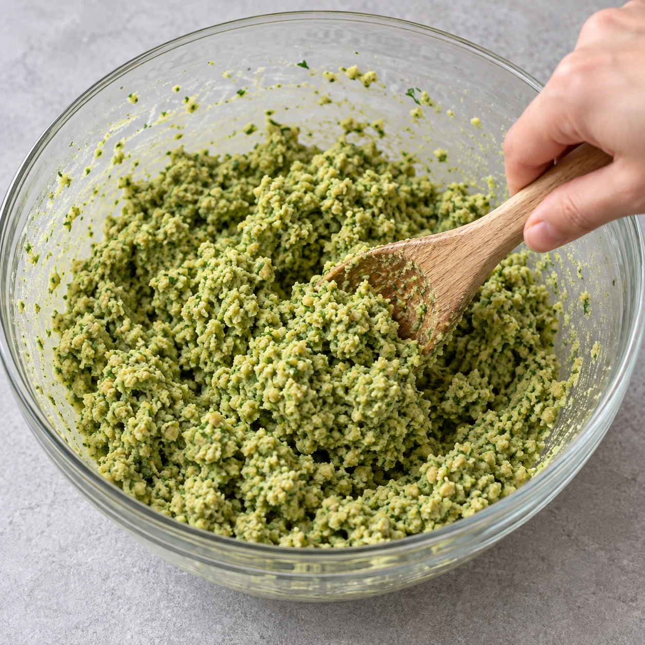 Saladier transparent, pâte verte granuleuse en cours de mélange, main anonyme et cuillère.
