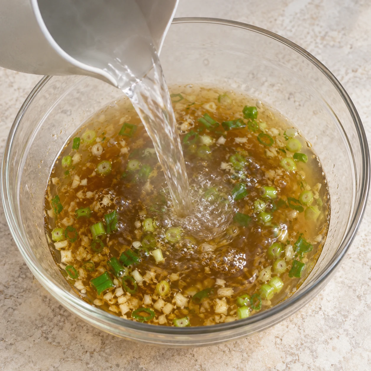 Eau chaude versée dans la base aromatique, bouillon encore clair et sans lait de coco.