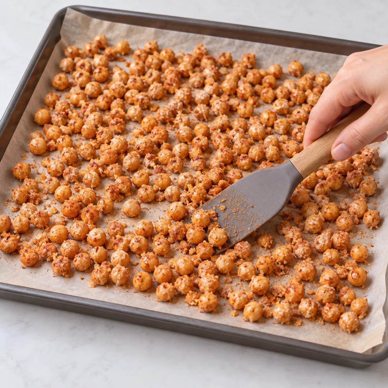 Étaler les pois chiches : Les pois chiches sont répartis en une couche sur la plaque.