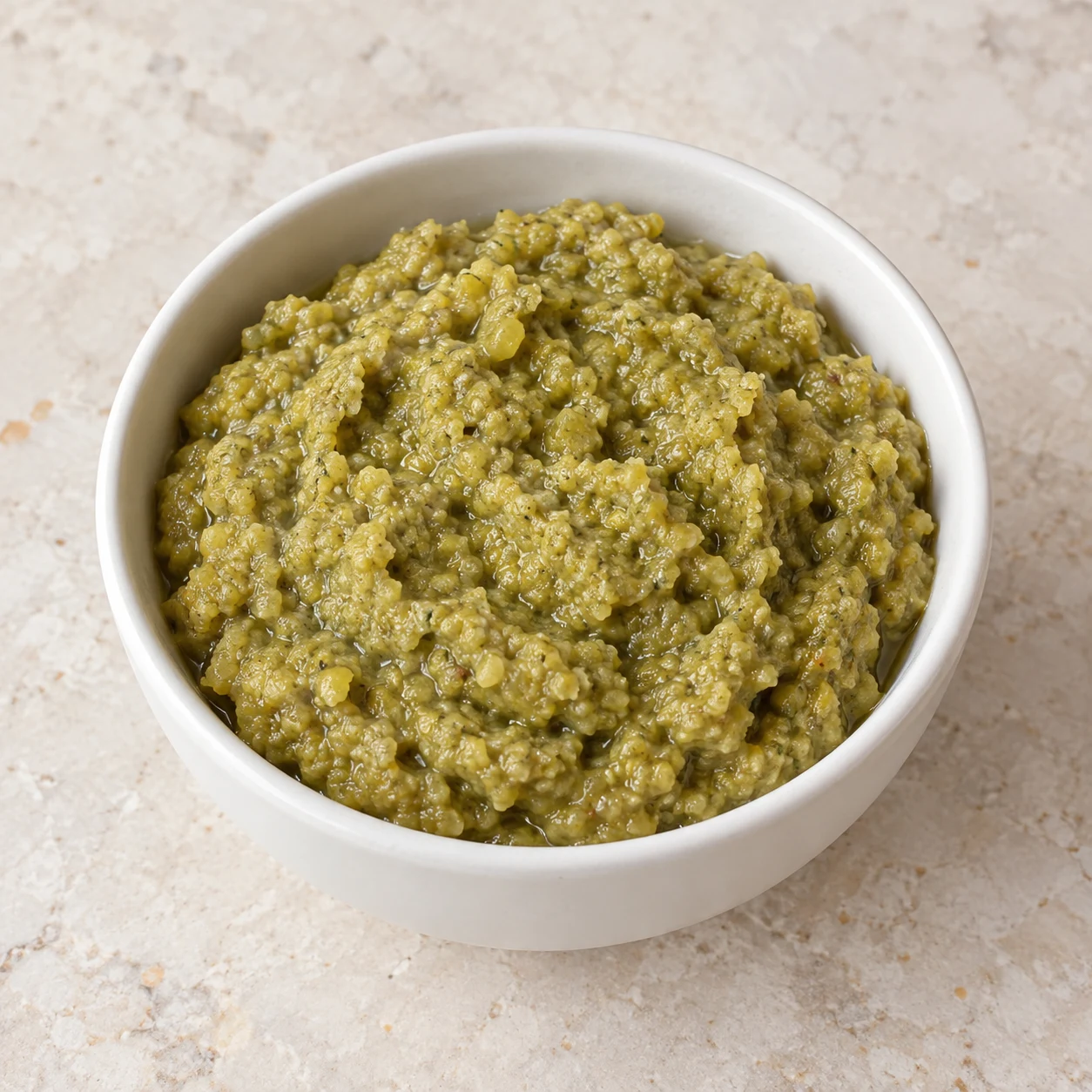 Tapenade jaune-vert fraîchement mixée dans un petit bol blanc, sans mains, sans pain et sans décoration. Son état est celui de la pâte terminée ; cette image ne prétend pas mesurer ni montrer le passage des heures.