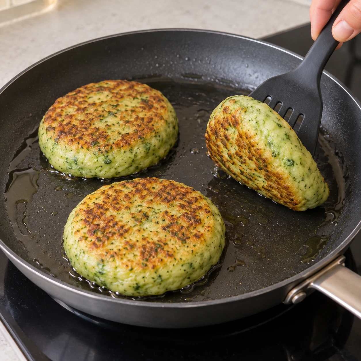 Spatule retournant une galette verte, face supérieure dorée.