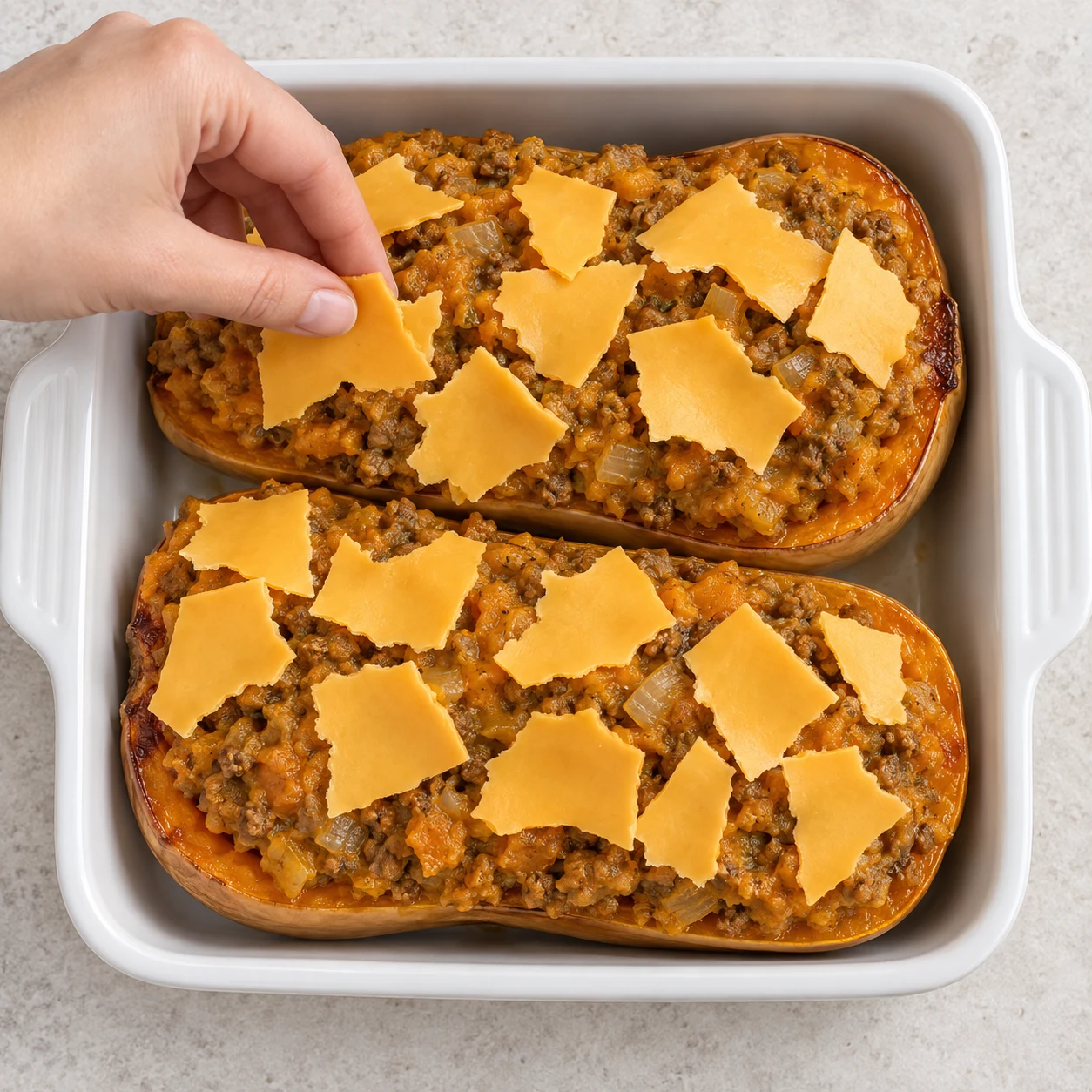 Mains anonymes répartissant des morceaux plats orangés de tranches végétales sur deux demi-butternuts farcies; aucune rondelle blanche de chèvre.