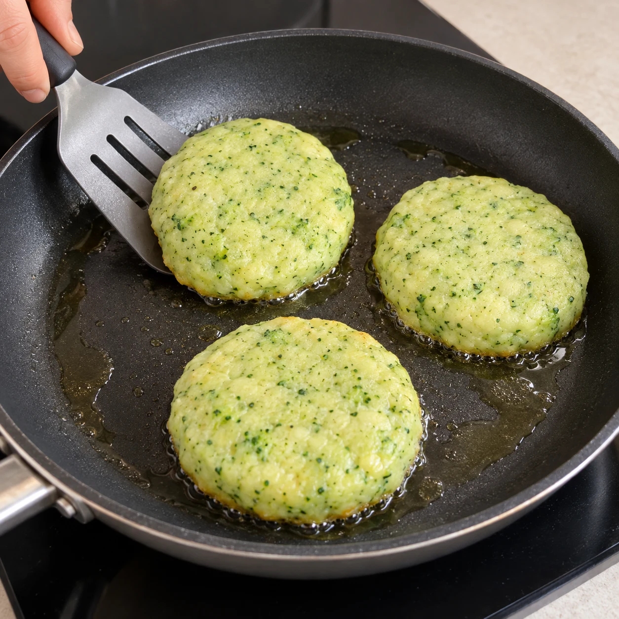 Galettes vertes dans une poêle légèrement huilée, une spatule prête à les retourner.