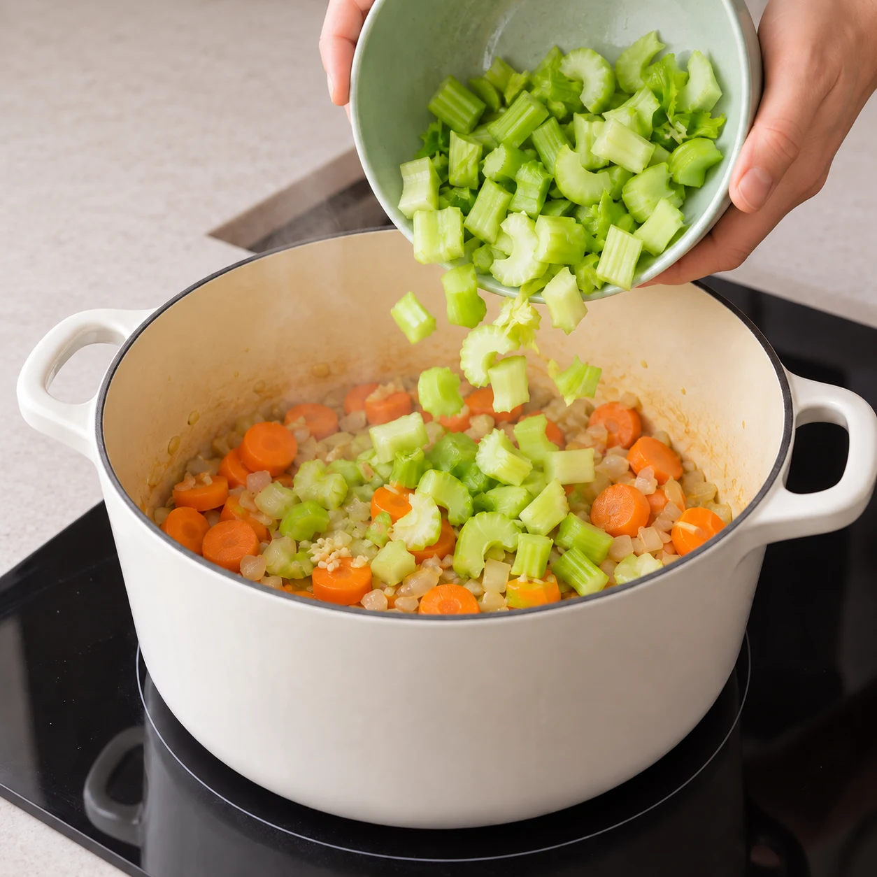 Ajouter le céleri : Le céleri est dans la cocotte avec les carottes.
