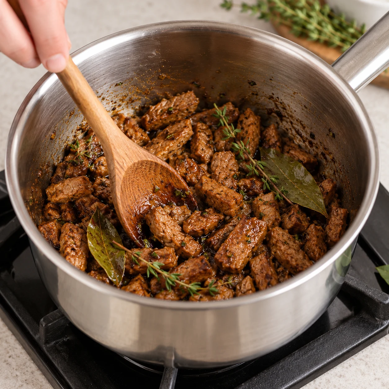 Casserole en inox où des morceaux de steak végétal mijotent dans un liquide brun de sauce soja, avec du thym frais, remués à la cuillère.