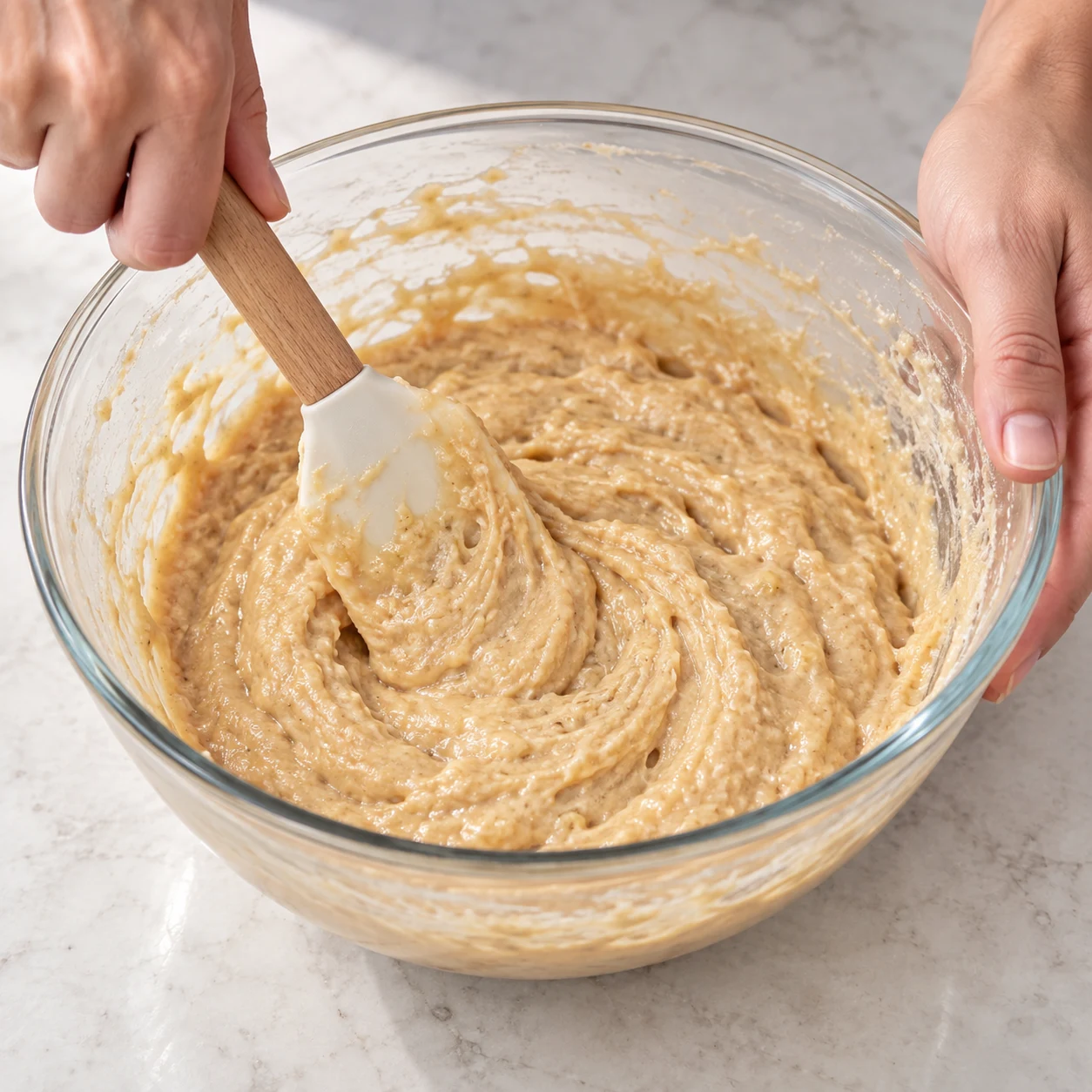 Spatule incorporant la farine au mélange beige de banane, soja et cacahuète; aucun fruit ajouté.