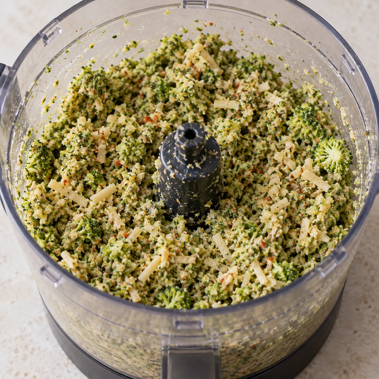 Ajoutez les 50 g de fromage végétal finement découpé, les 5,333 g de pesto au miso, la gousse d’ail épluchée, le paprika, les herbes de Provence et la pincée de fleur de sel. Mixez de nouveau. Montrer uniquement cet état, sur pierre pâle et sans texte.